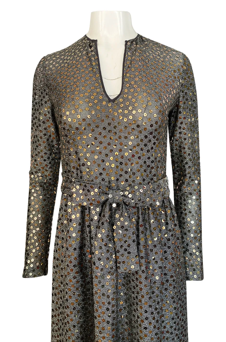 1970s Mollie Parnis Silver Sequin & Knit Lame Jersey Dress w Belt