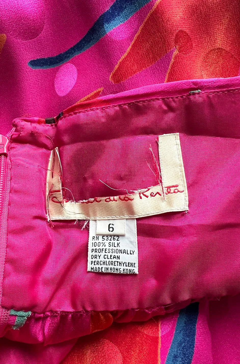 1980s Oscar de la Renta Vivid Pink Silk Wrap Strapless Dress w A Bright Floral Print