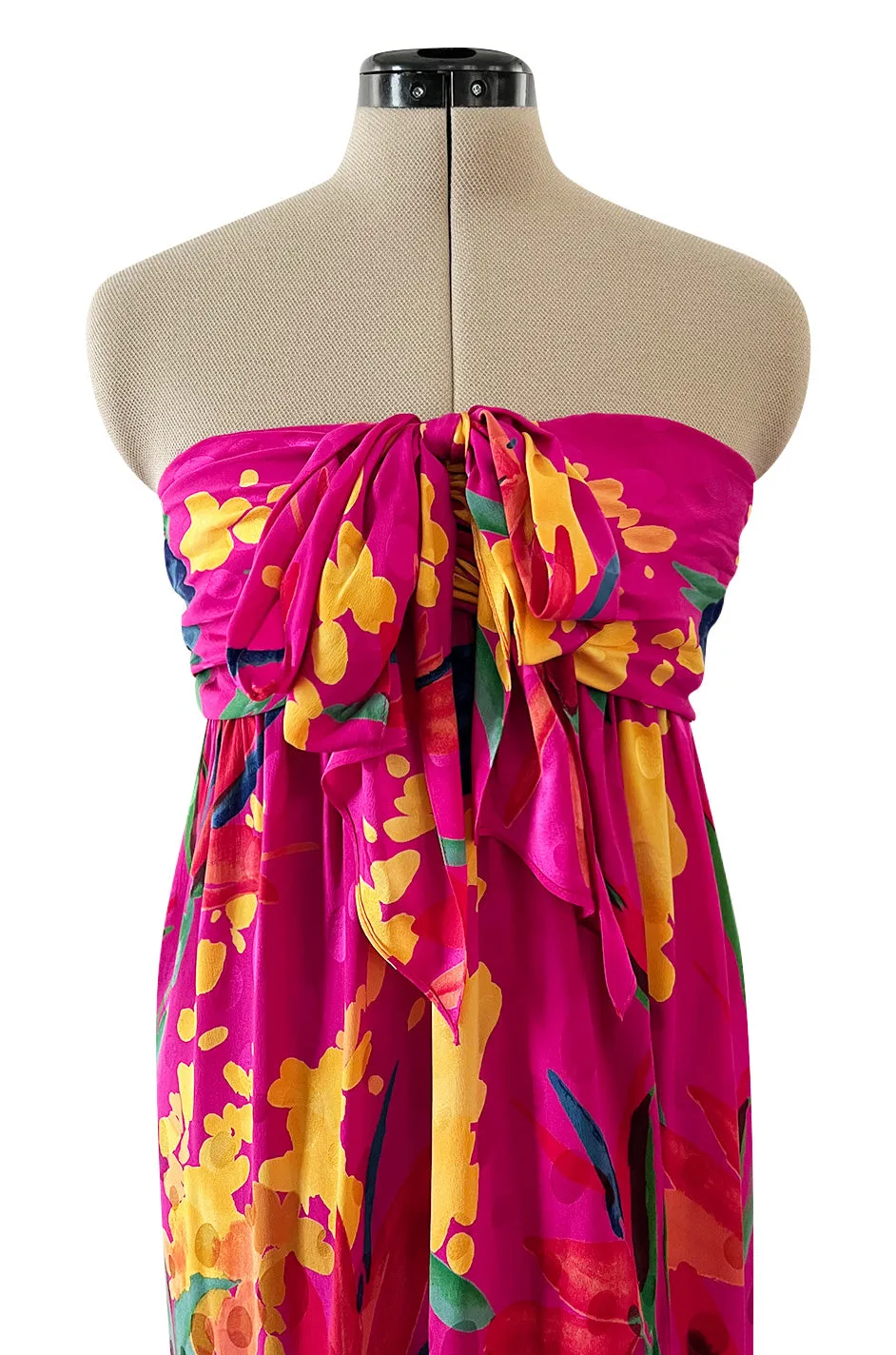 1980s Oscar de la Renta Vivid Pink Silk Wrap Strapless Dress w A Bright Floral Print