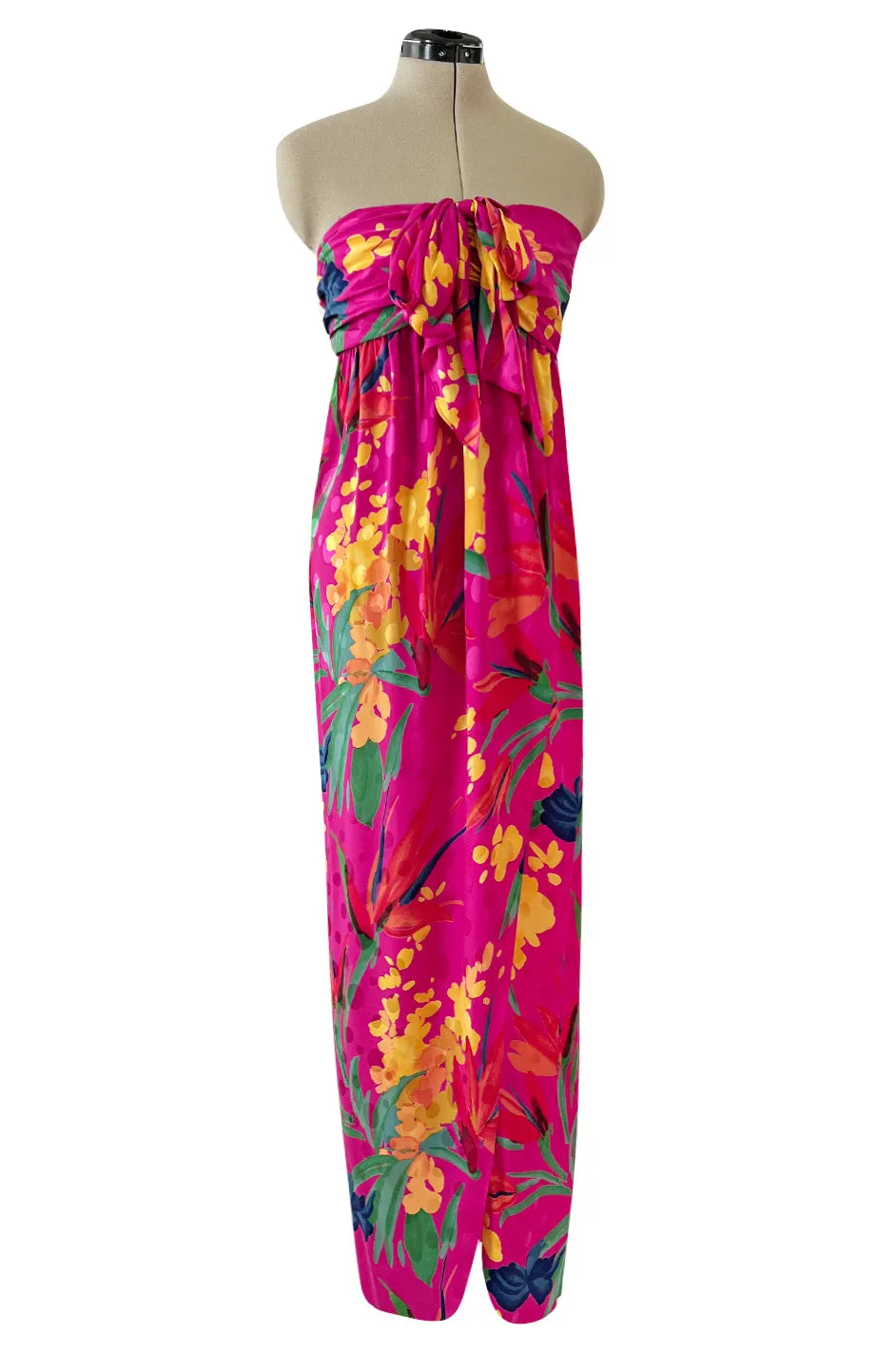 1980s Oscar de la Renta Vivid Pink Silk Wrap Strapless Dress w A Bright Floral Print