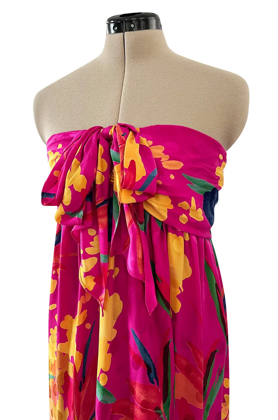 1980s Oscar de la Renta Vivid Pink Silk Wrap Strapless Dress w A Bright Floral Print