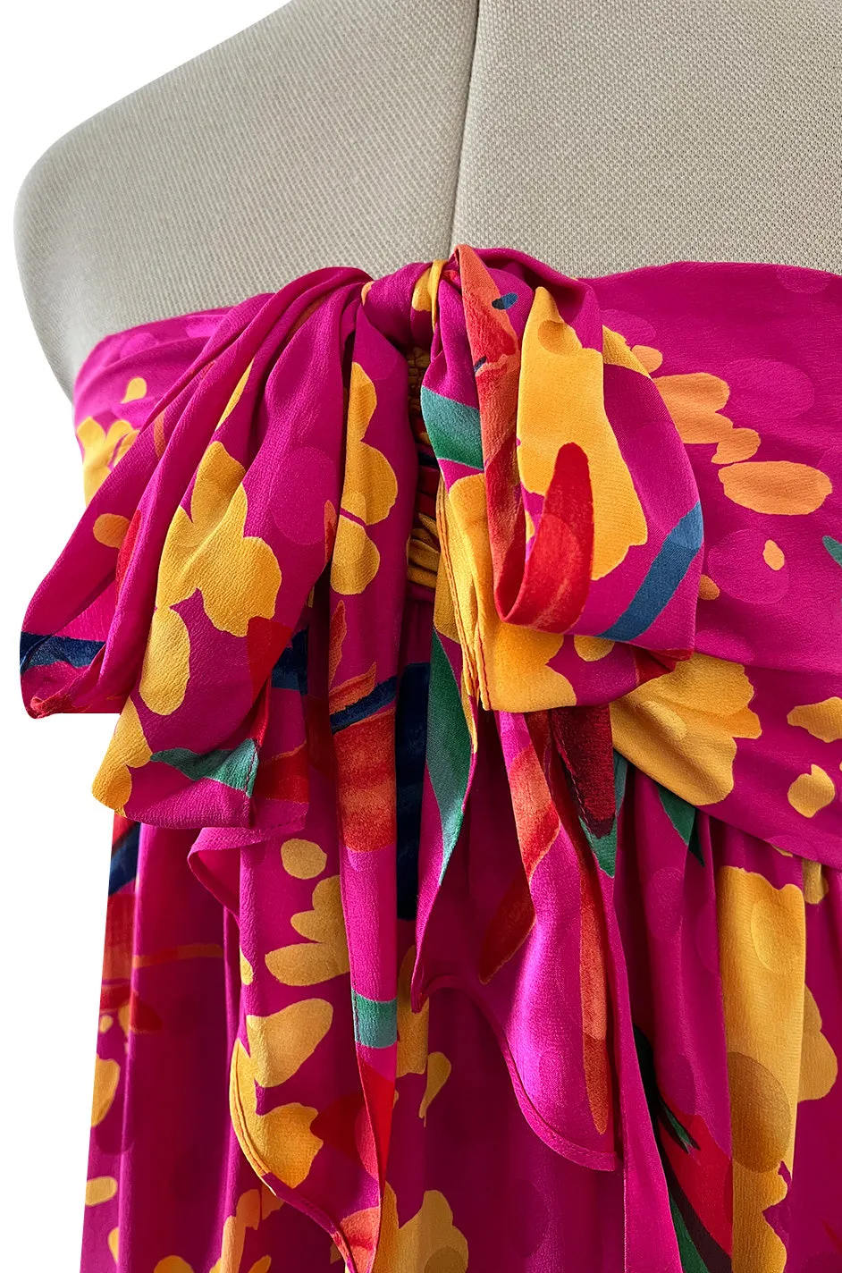 1980s Oscar de la Renta Vivid Pink Silk Wrap Strapless Dress w A Bright Floral Print