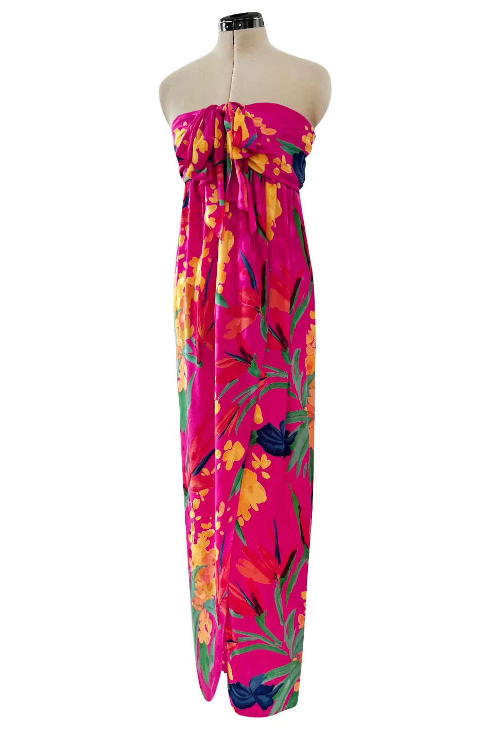 1980s Oscar de la Renta Vivid Pink Silk Wrap Strapless Dress w A Bright Floral Print
