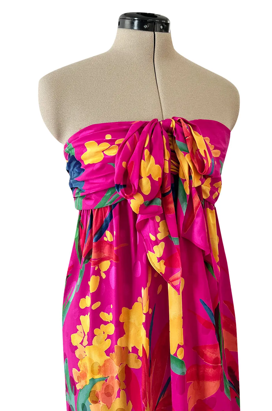 1980s Oscar de la Renta Vivid Pink Silk Wrap Strapless Dress w A Bright Floral Print