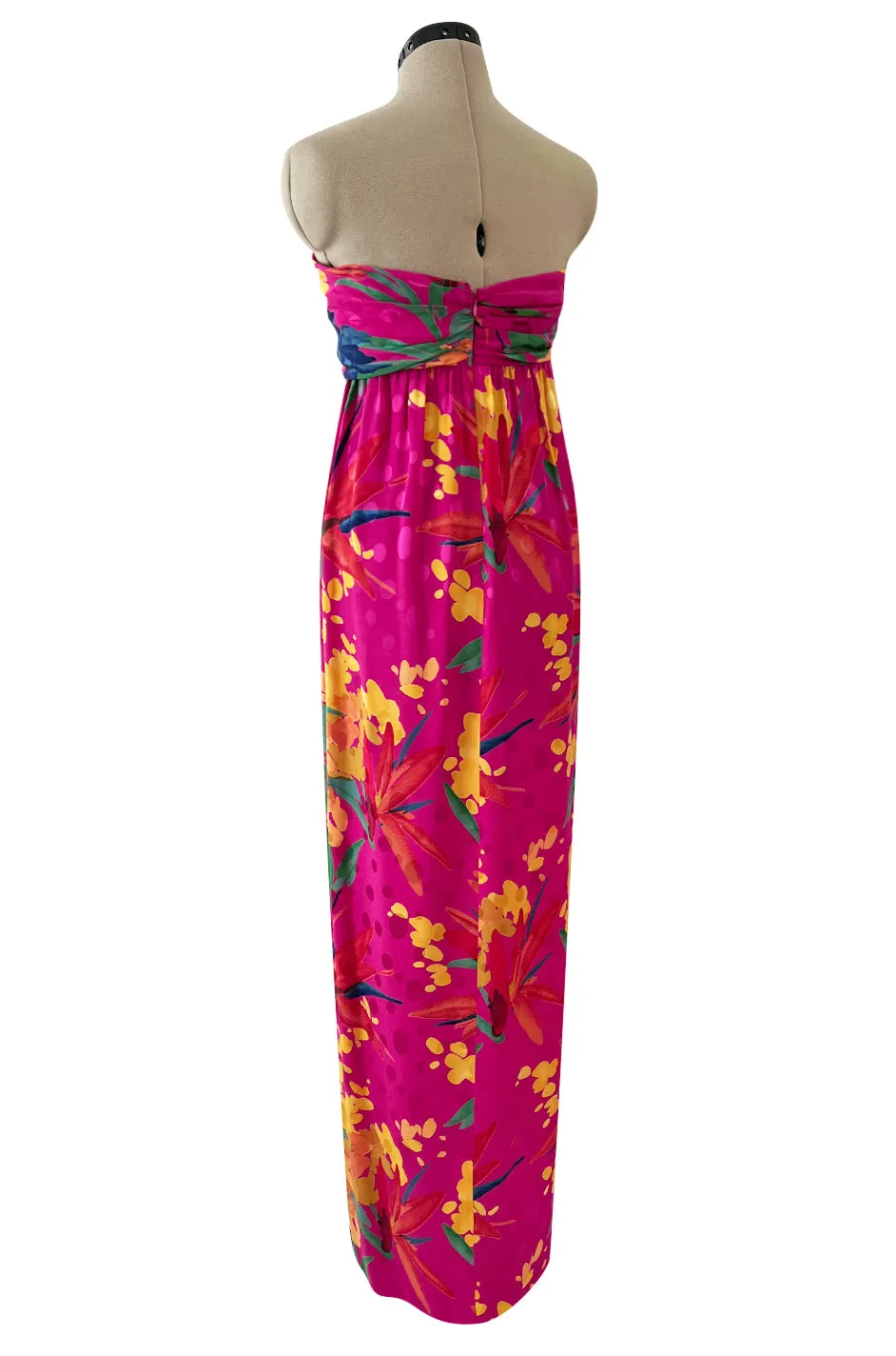 1980s Oscar de la Renta Vivid Pink Silk Wrap Strapless Dress w A Bright Floral Print