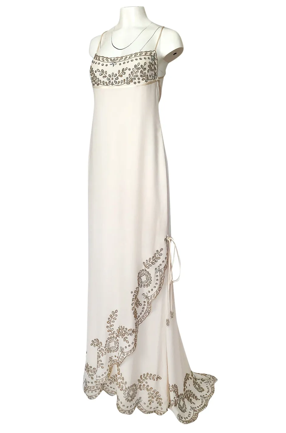 1990s Valentino Trained Backless Ivory Silk Dress w Sequin & Bead Detail