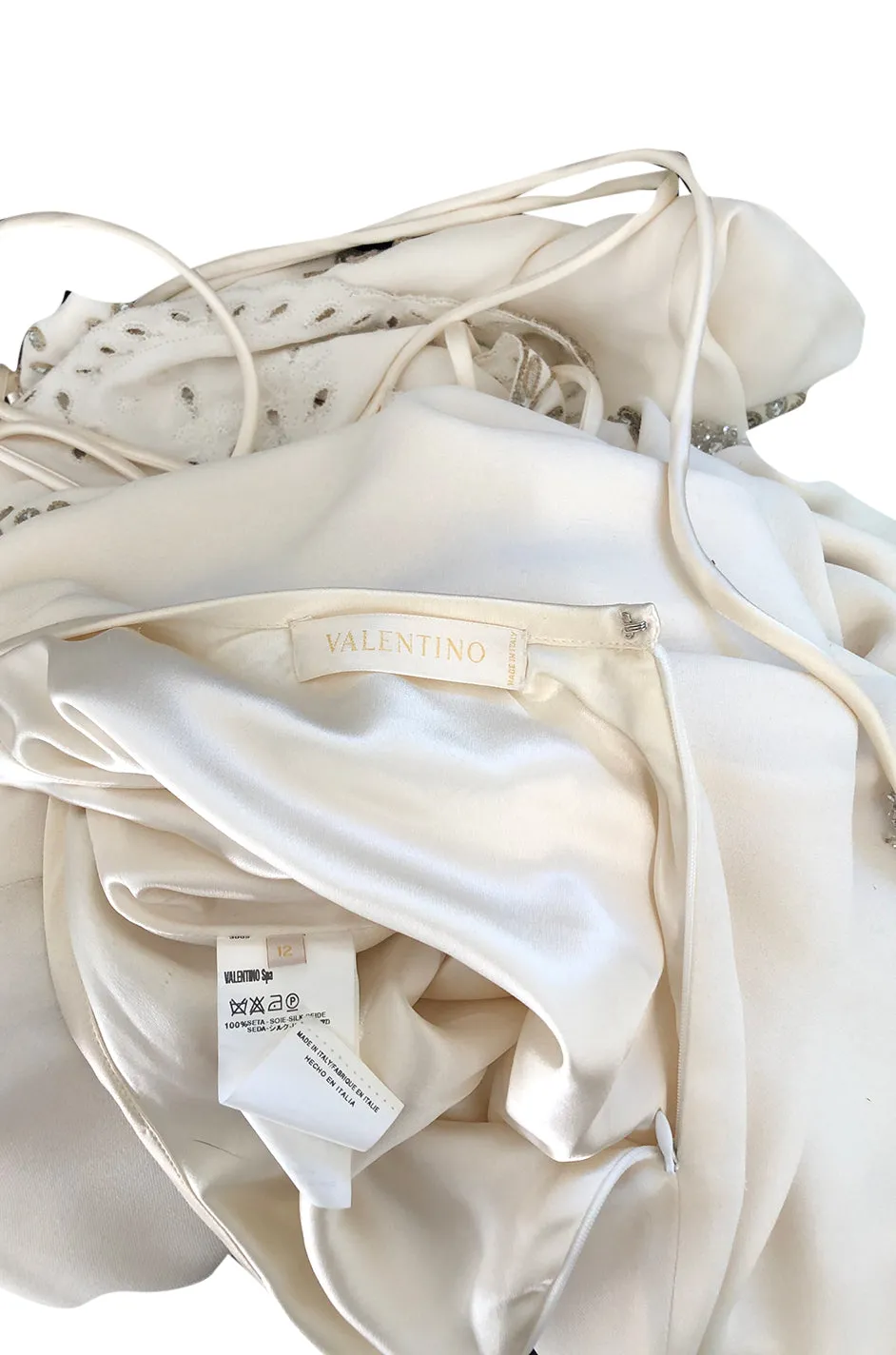 1990s Valentino Trained Backless Ivory Silk Dress w Sequin & Bead Detail