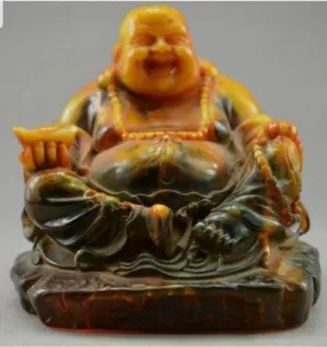 3.6''H- Chinese Natural Antique Exquisite GEOMANTIC AMBER Handcarved Sculpture Blessing Happy Buddha Statue