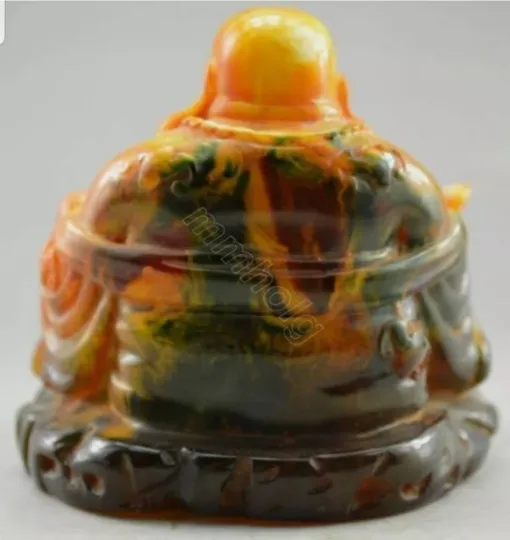 3.6''H- Chinese Natural Antique Exquisite GEOMANTIC AMBER Handcarved Sculpture Blessing Happy Buddha Statue