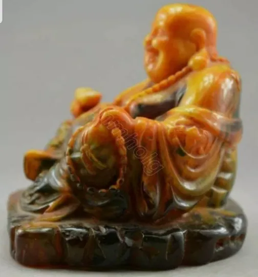 3.6''H- Chinese Natural Antique Exquisite GEOMANTIC AMBER Handcarved Sculpture Blessing Happy Buddha Statue
