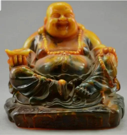 3.6''H- Chinese Natural Antique Exquisite GEOMANTIC AMBER Handcarved Sculpture Blessing Happy Buddha Statue