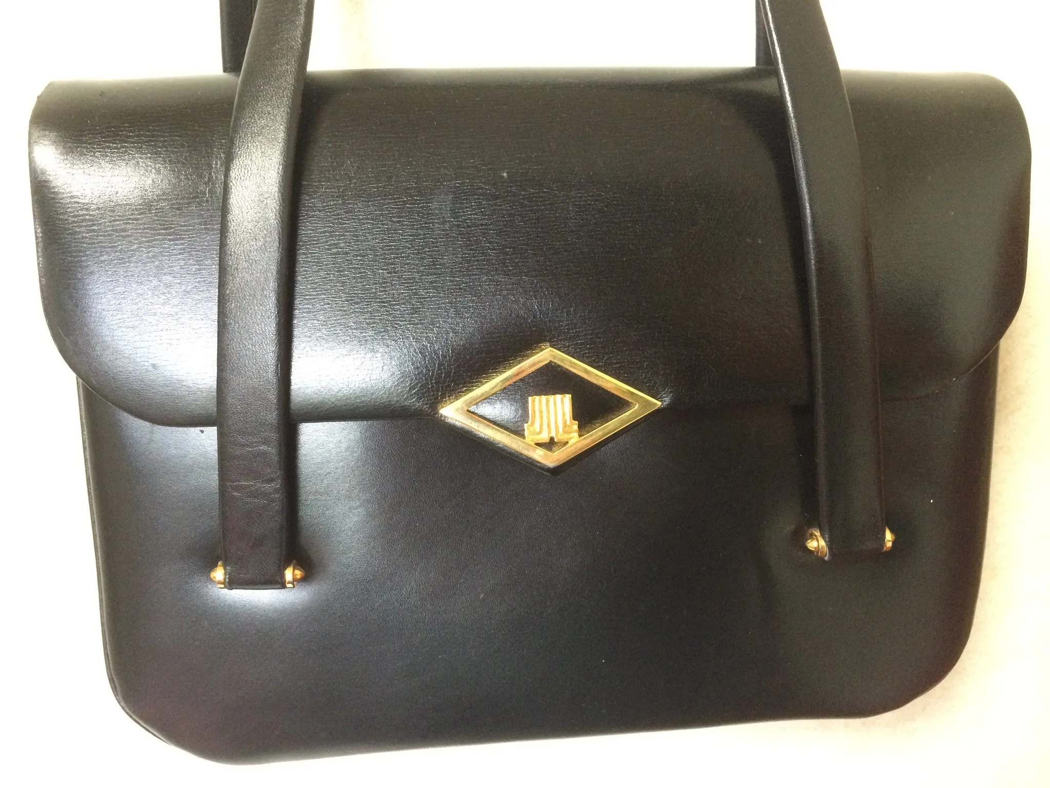 80's Vintage LANVIN classic black leather shoulder bag, tote bag with golden logo motif.
