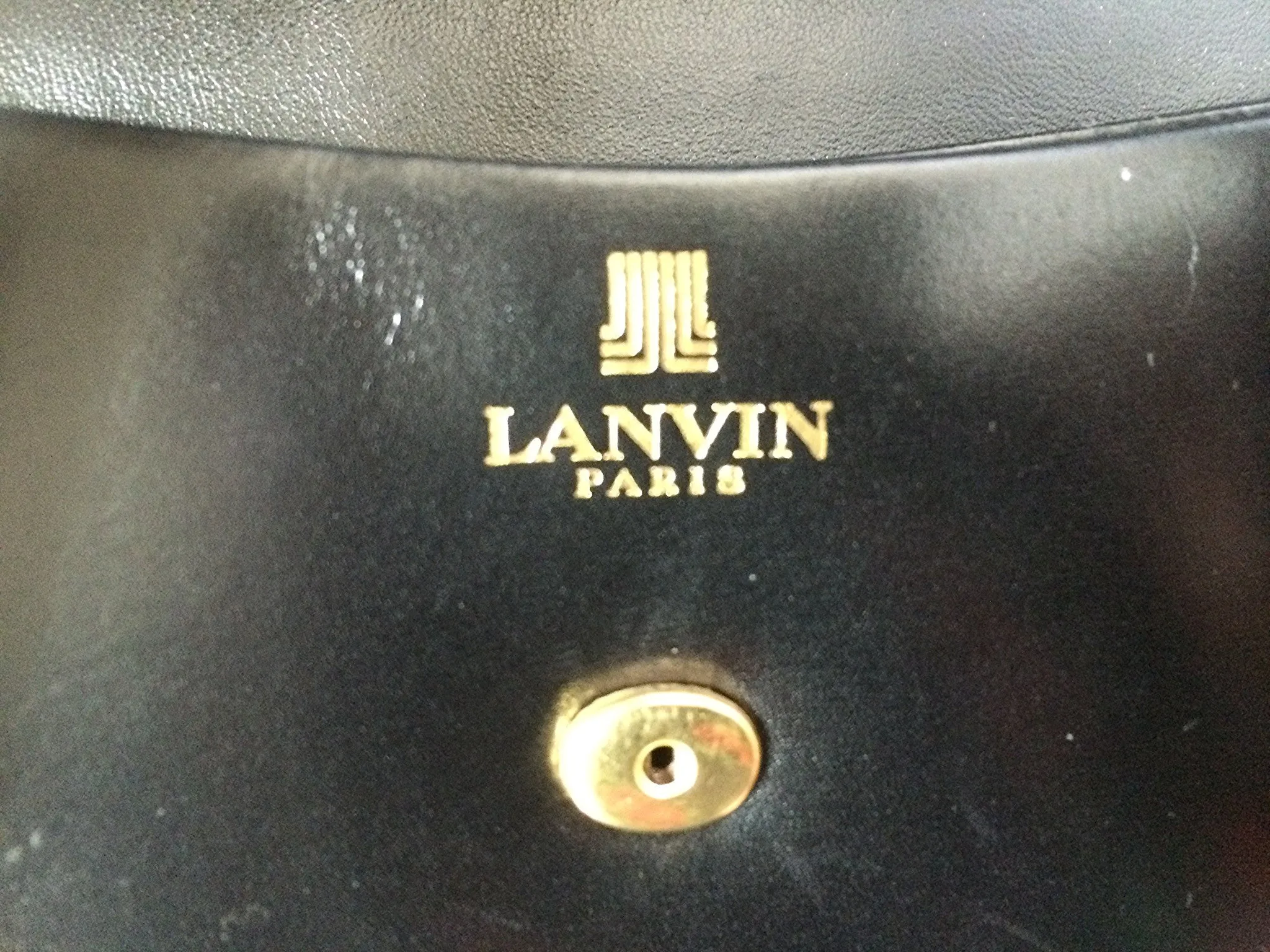 80's Vintage LANVIN classic black leather shoulder bag, tote bag with golden logo motif.