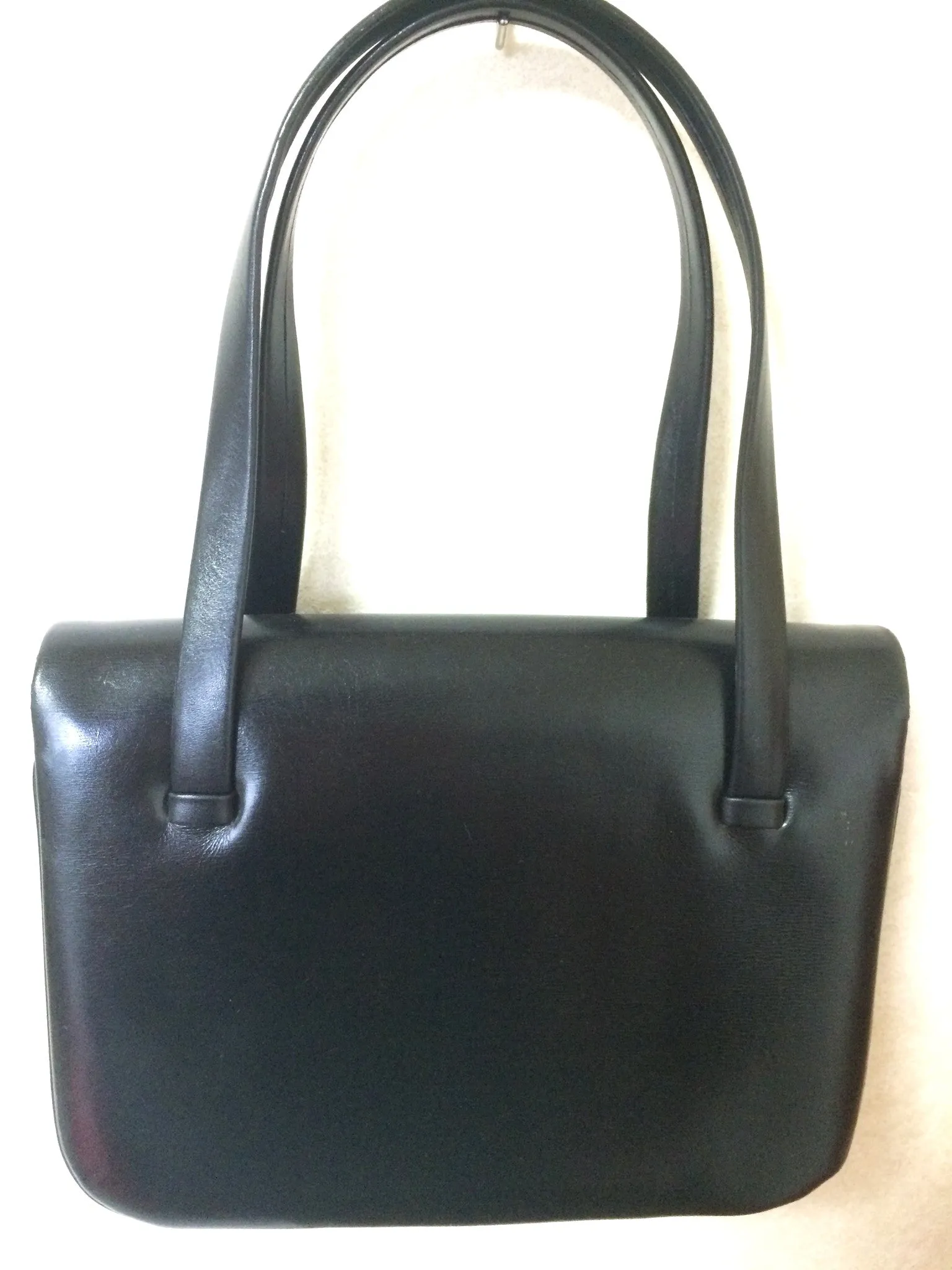 80's Vintage LANVIN classic black leather shoulder bag, tote bag with golden logo motif.