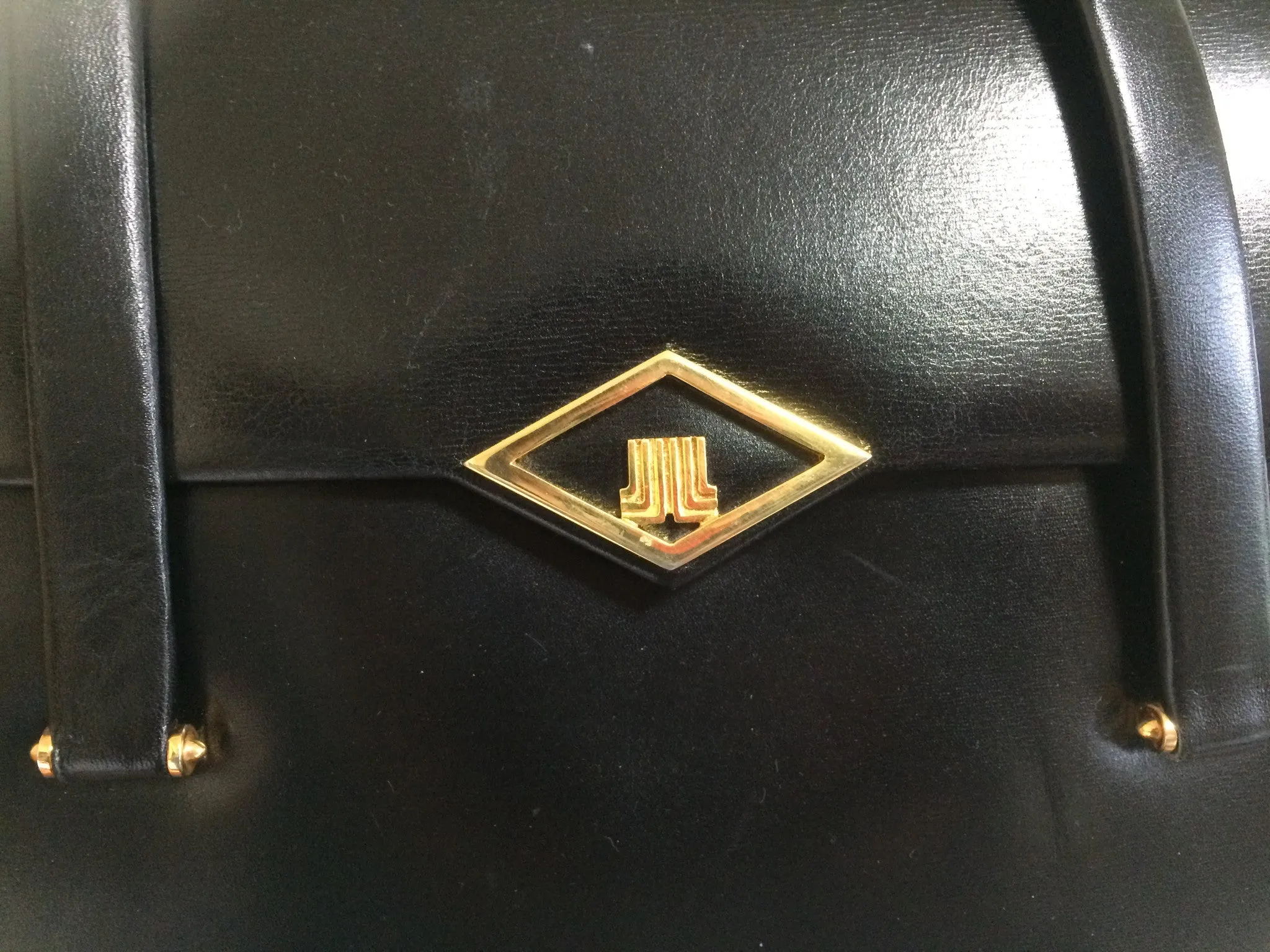 80's Vintage LANVIN classic black leather shoulder bag, tote bag with golden logo motif.