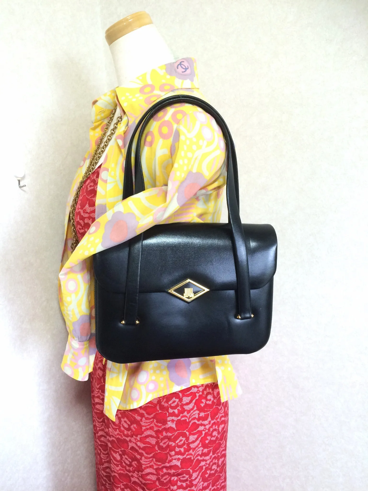 80's Vintage LANVIN classic black leather shoulder bag, tote bag with golden logo motif.