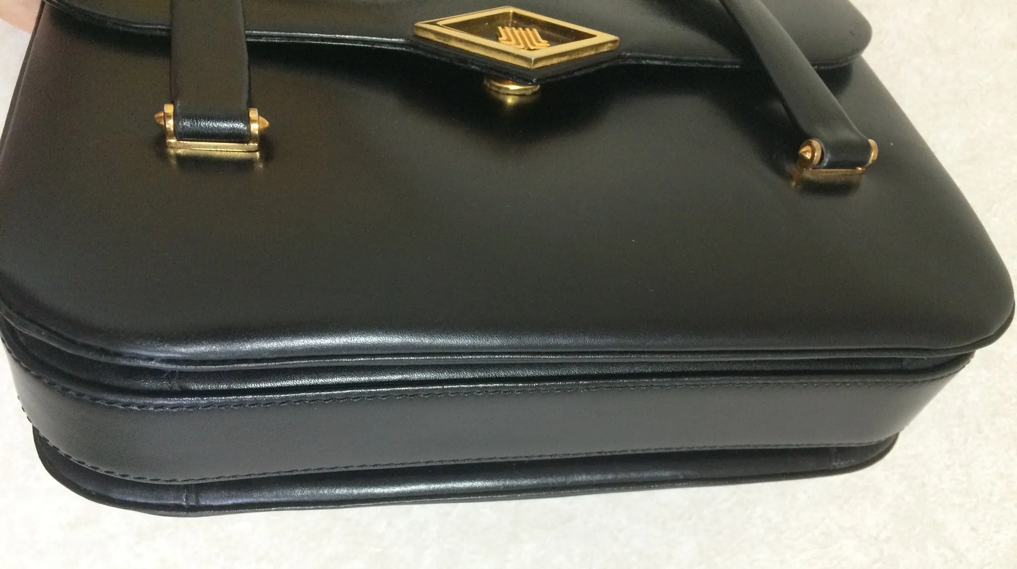80's Vintage LANVIN classic black leather shoulder bag, tote bag with golden logo motif.