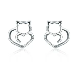 925 Sterling Silver Cute Cat Heart Earrings