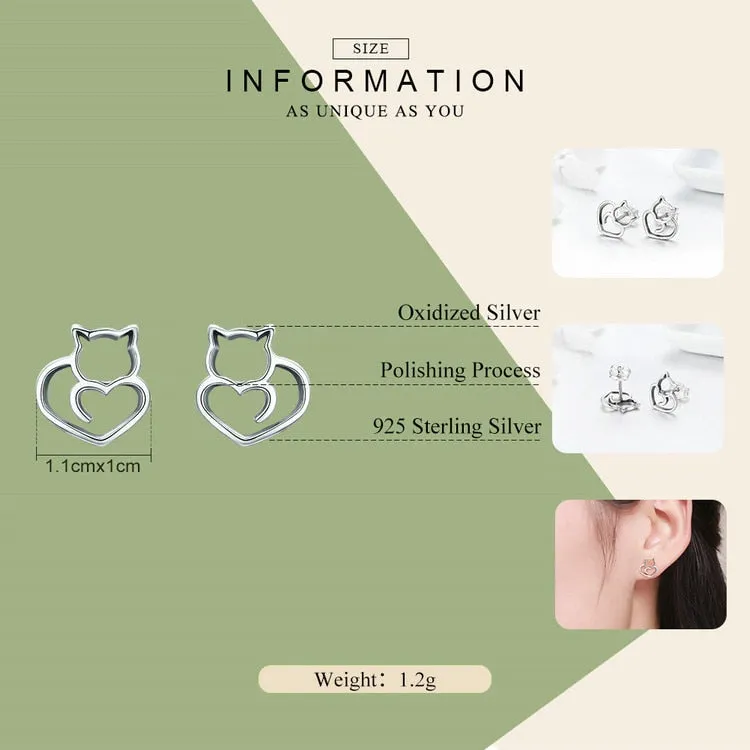 925 Sterling Silver Cute Cat Heart Earrings