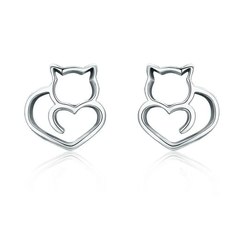 925 Sterling Silver Cute Cat Heart Earrings