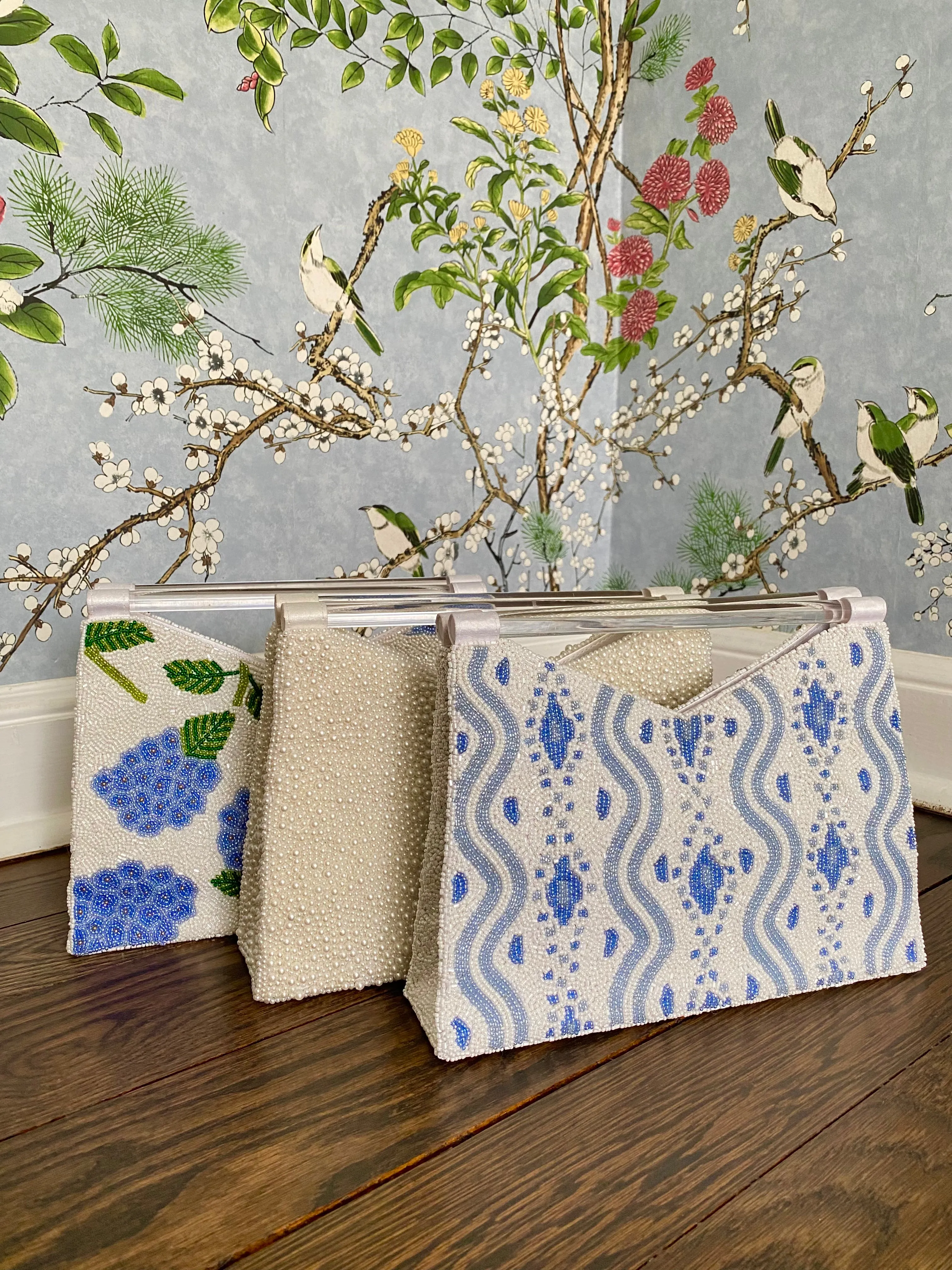 Acrylic Handle Clutch in Periwinkle Ikat
