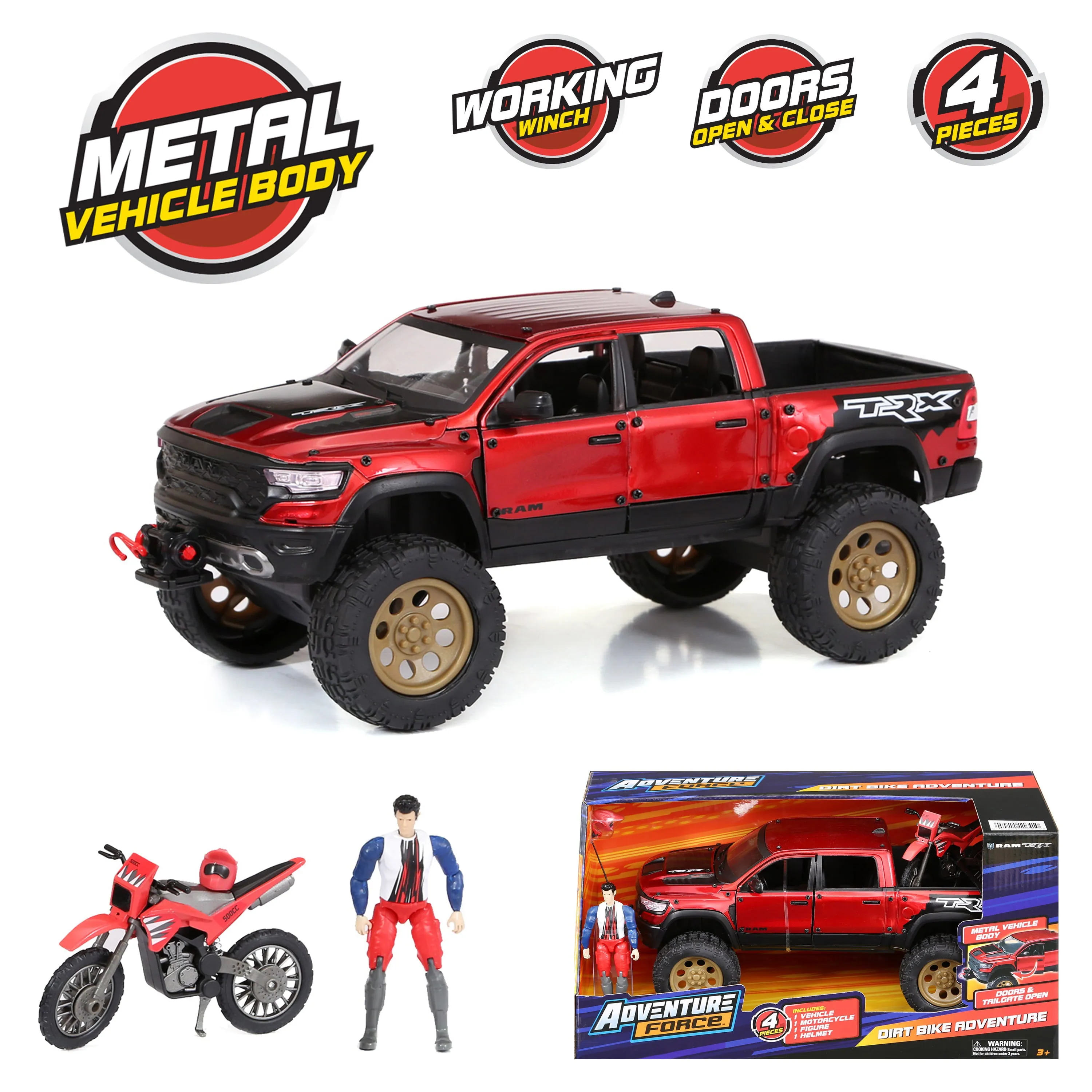 Adventure Force Free Wheeling Metal Vehicle Playset RAM Truck, Bike Ages 3 and U