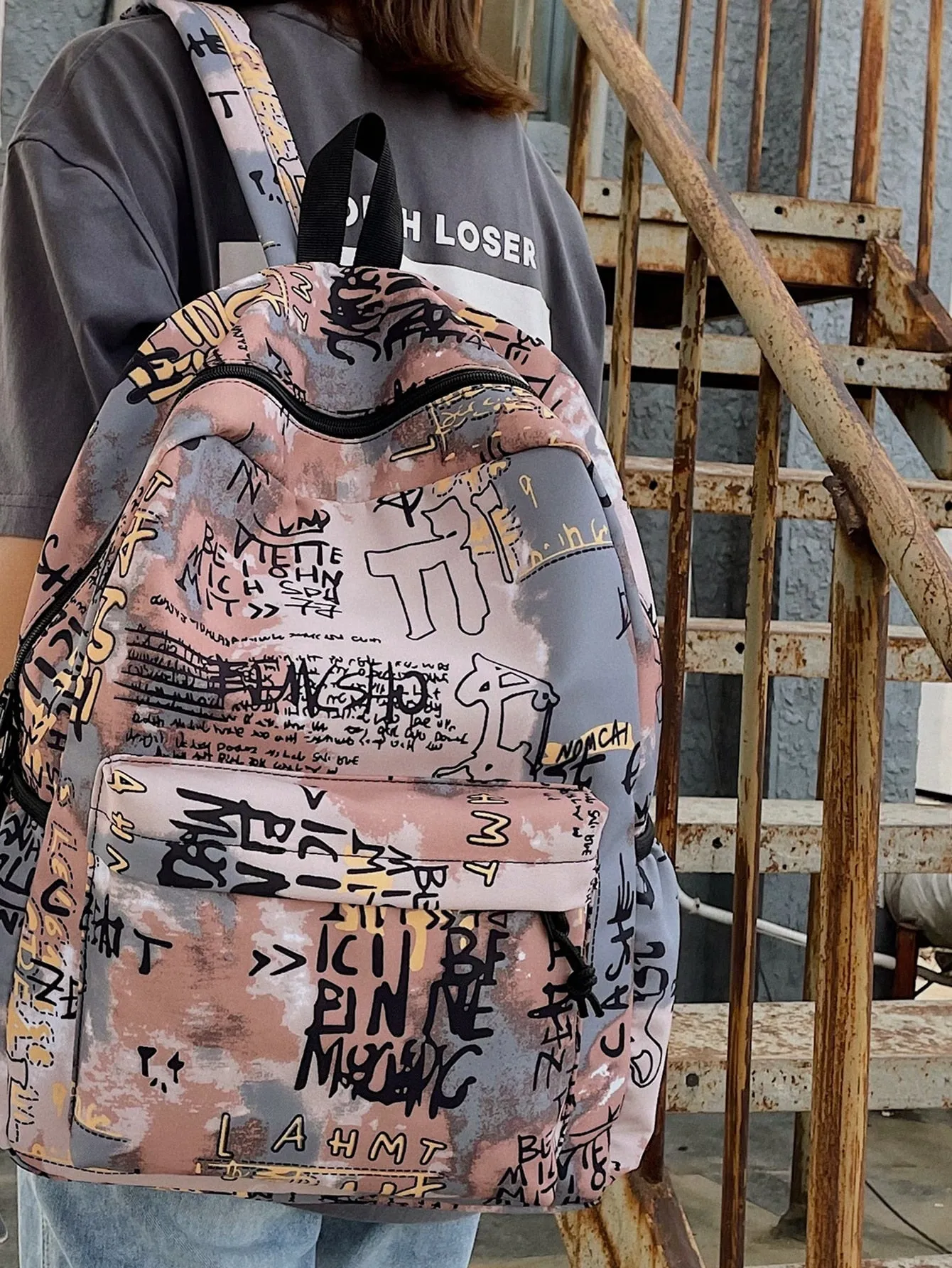 Allover Letter Graphic Zip Backpack  - Design 1