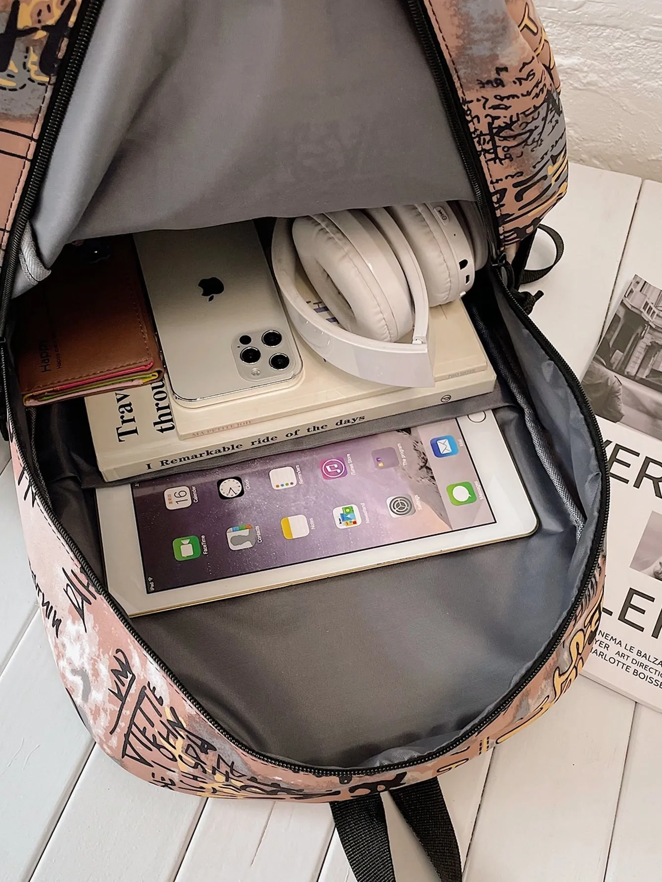 Allover Letter Graphic Zip Backpack  - Design 1