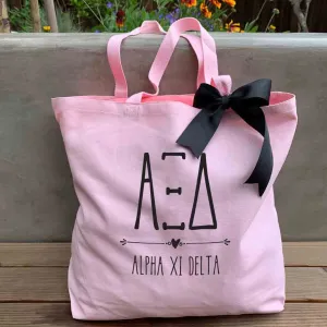 Alpha Xi Delta Pink Canvas Tote Bag with Black Bow