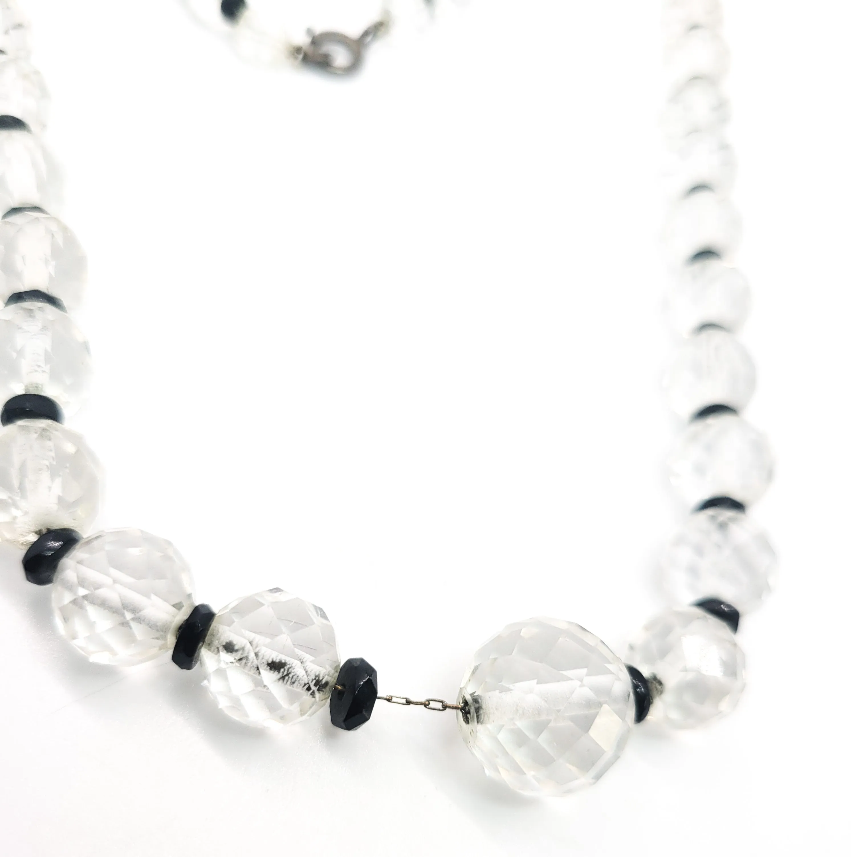 Art Deco faceted Lead glass crystal black and white sterling silver vintage necklace