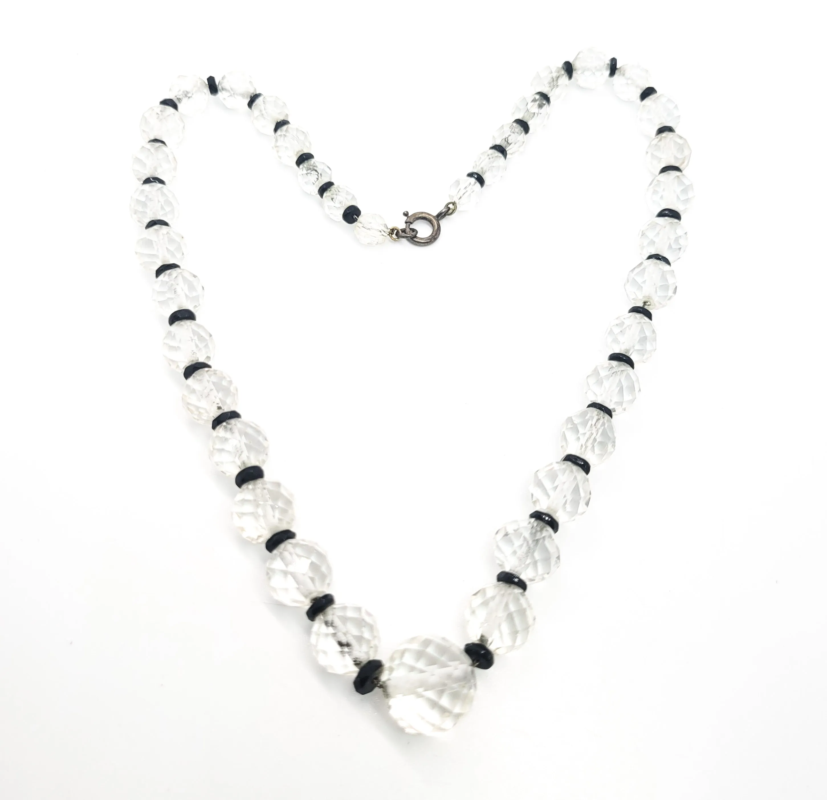 Art Deco faceted Lead glass crystal black and white sterling silver vintage necklace