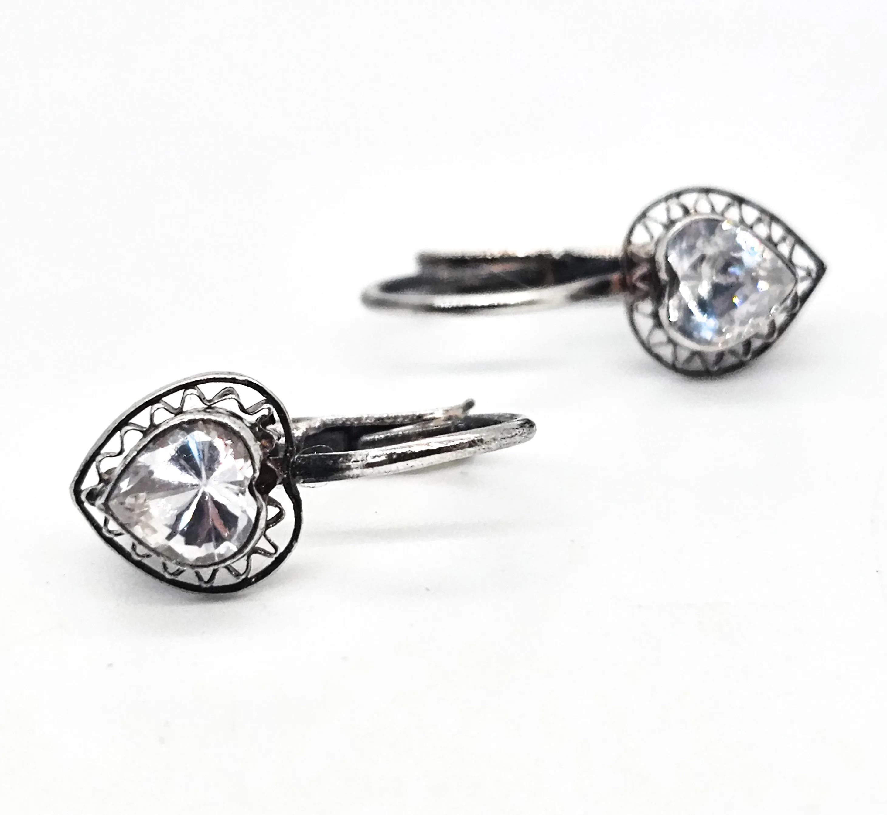 AS Faceted heart filigree vintage sterling silver lever back earrings signed