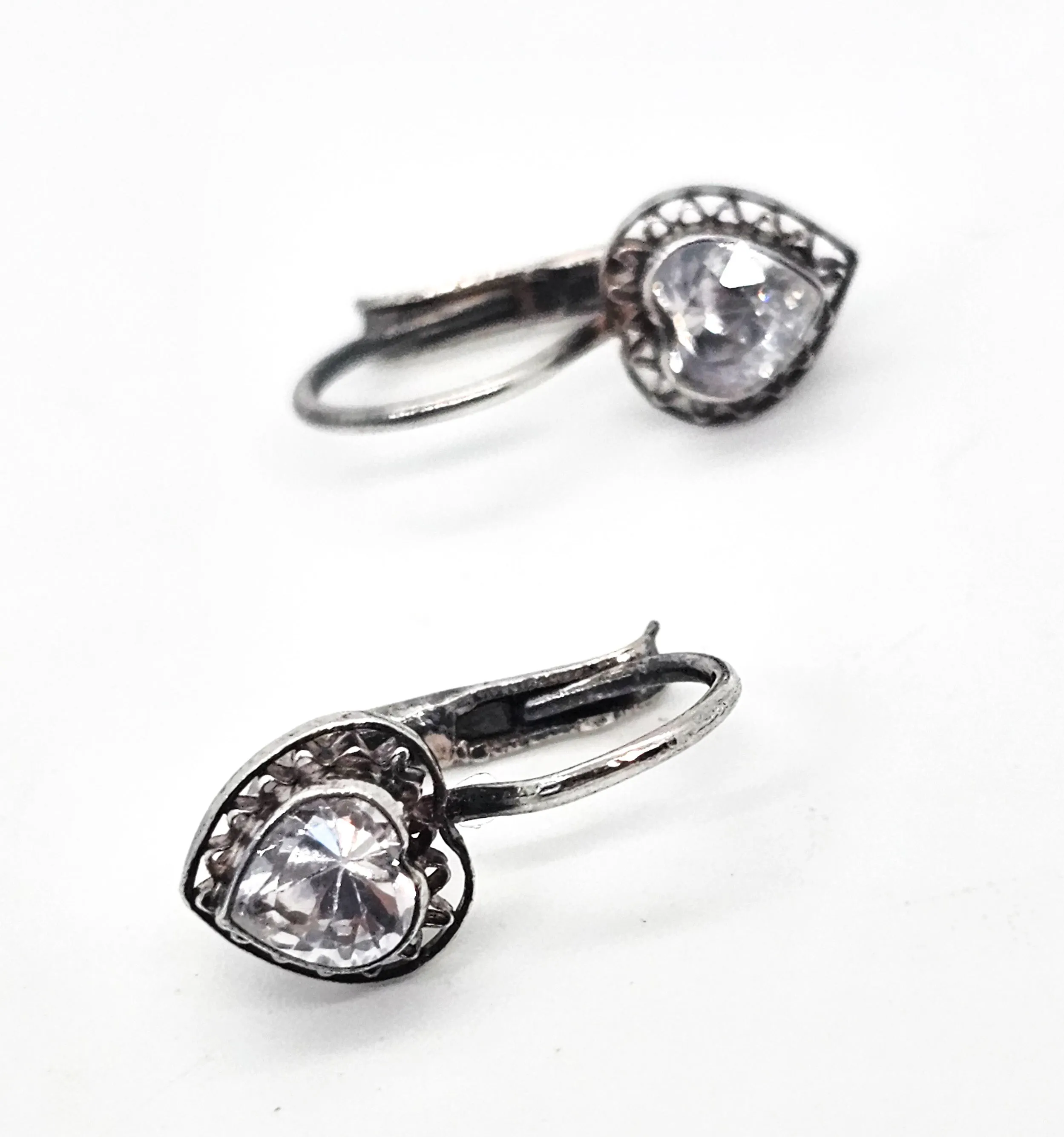 AS Faceted heart filigree vintage sterling silver lever back earrings signed