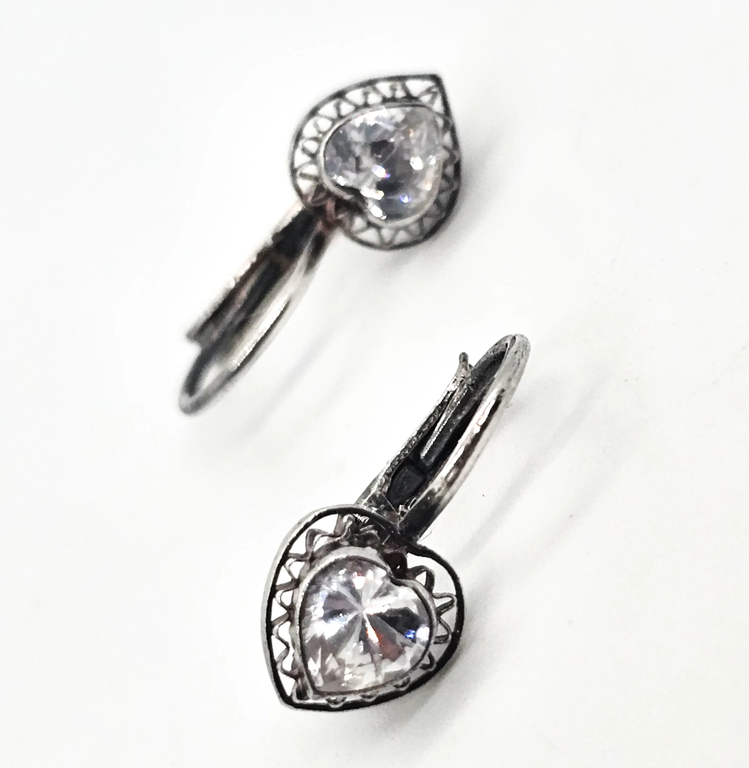 AS Faceted heart filigree vintage sterling silver lever back earrings signed
