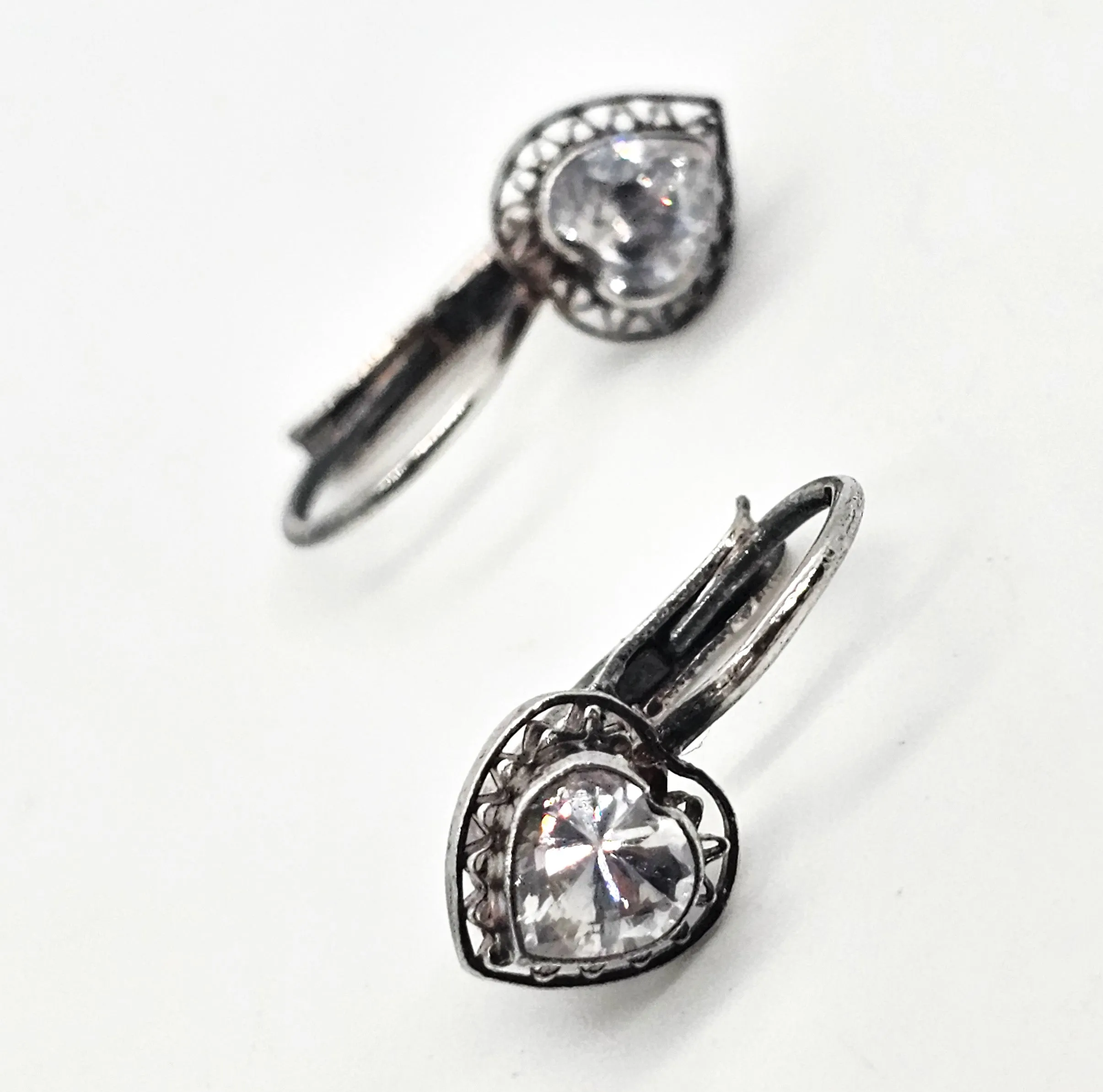 AS Faceted heart filigree vintage sterling silver lever back earrings signed