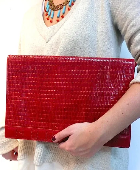 Authentic Fendi XL JUMBO Red Woven Leather Handbag