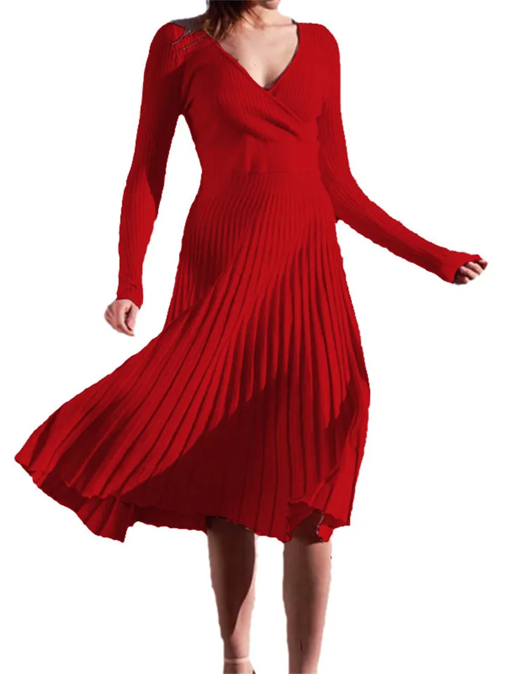 Autumn Winter Elegant Women's  Knitted Pleated Base Dress
