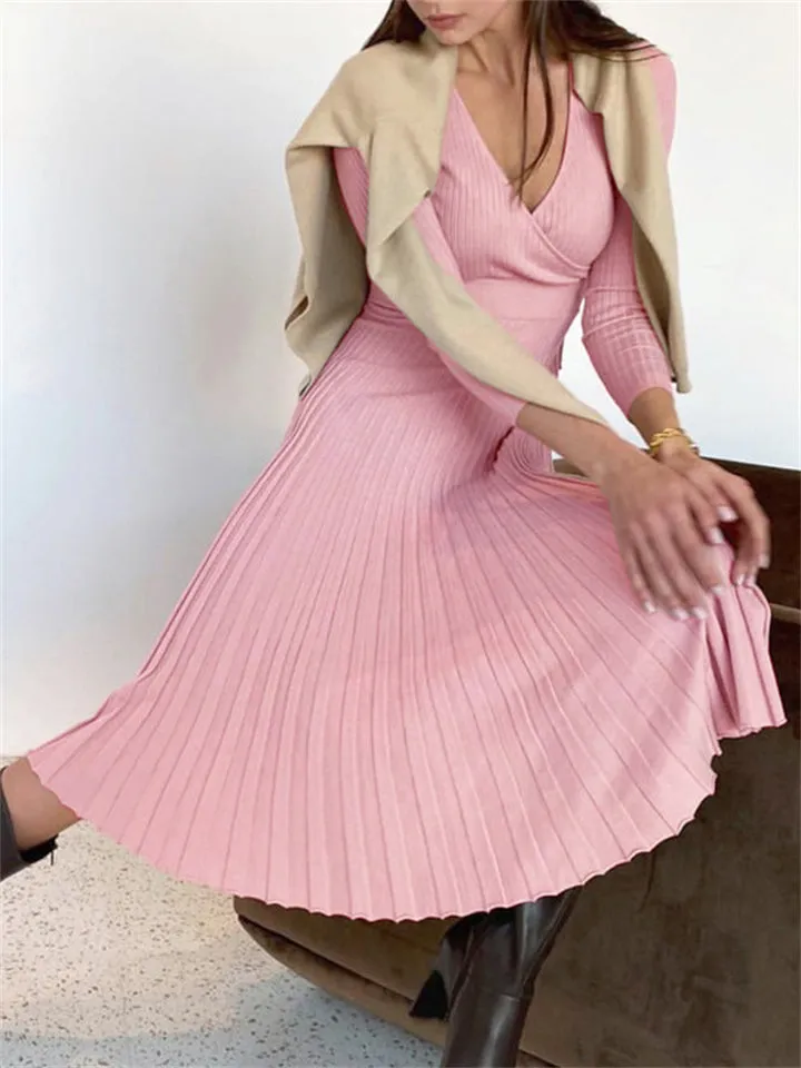 Autumn Winter Elegant Women's  Knitted Pleated Base Dress
