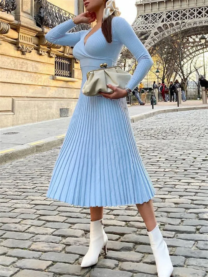 Autumn Winter Elegant Women's  Knitted Pleated Base Dress