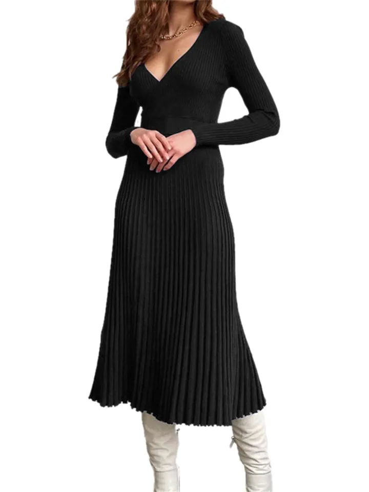 Autumn Winter Elegant Women's  Knitted Pleated Base Dress