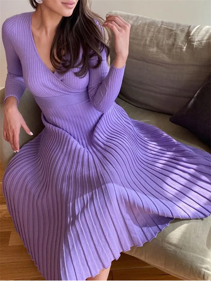 Autumn Winter Elegant Women's  Knitted Pleated Base Dress