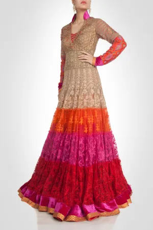 Beige color flaired anarkali suit type lehenga