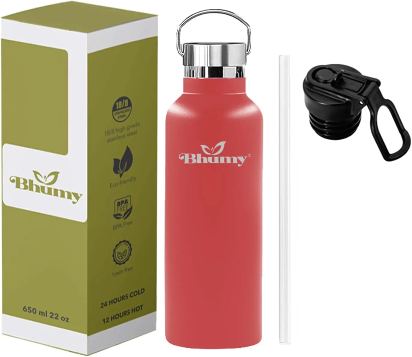 Bhumy Stainless Steel Water Bottles – 22oz Double Wall Stainless Steel Insulated Water Bottle – Water Bottle with Straw and 2 Lids – Leakproof Sports Water Bottle Water for Gym, Office, Travel