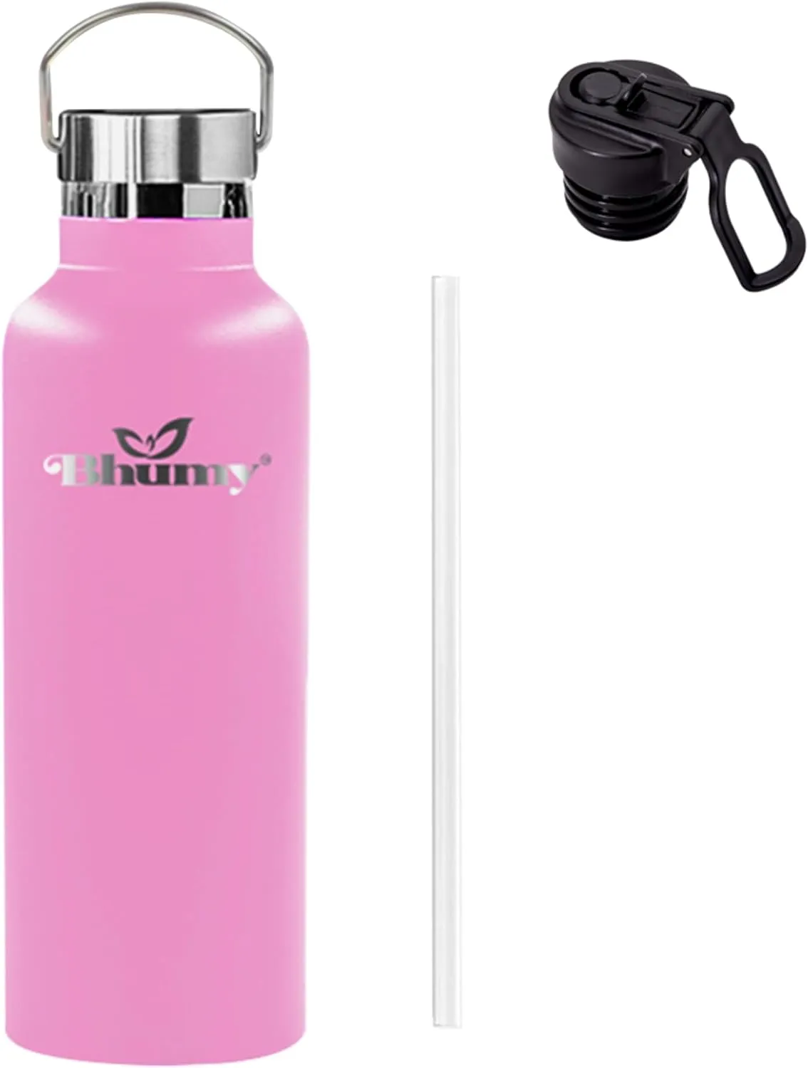 Bhumy Stainless Steel Water Bottles – 22oz Double Wall Stainless Steel Insulated Water Bottle – Water Bottle with Straw and 2 Lids – Leakproof Sports Water Bottle Water for Gym, Office, Travel