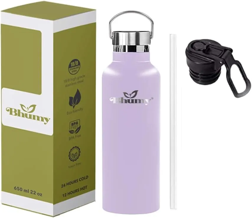 Bhumy Stainless Steel Water Bottles – 22oz Double Wall Stainless Steel Insulated Water Bottle – Water Bottle with Straw and 2 Lids – Leakproof Sports Water Bottle Water for Gym, Office, Travel