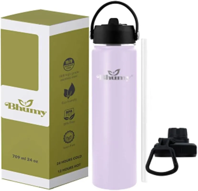 Bhumy Stainless Steel Water Bottles – 22oz Double Wall Stainless Steel Insulated Water Bottle – Water Bottle with Straw and 2 Lids – Leakproof Sports Water Bottle Water for Gym, Office, Travel
