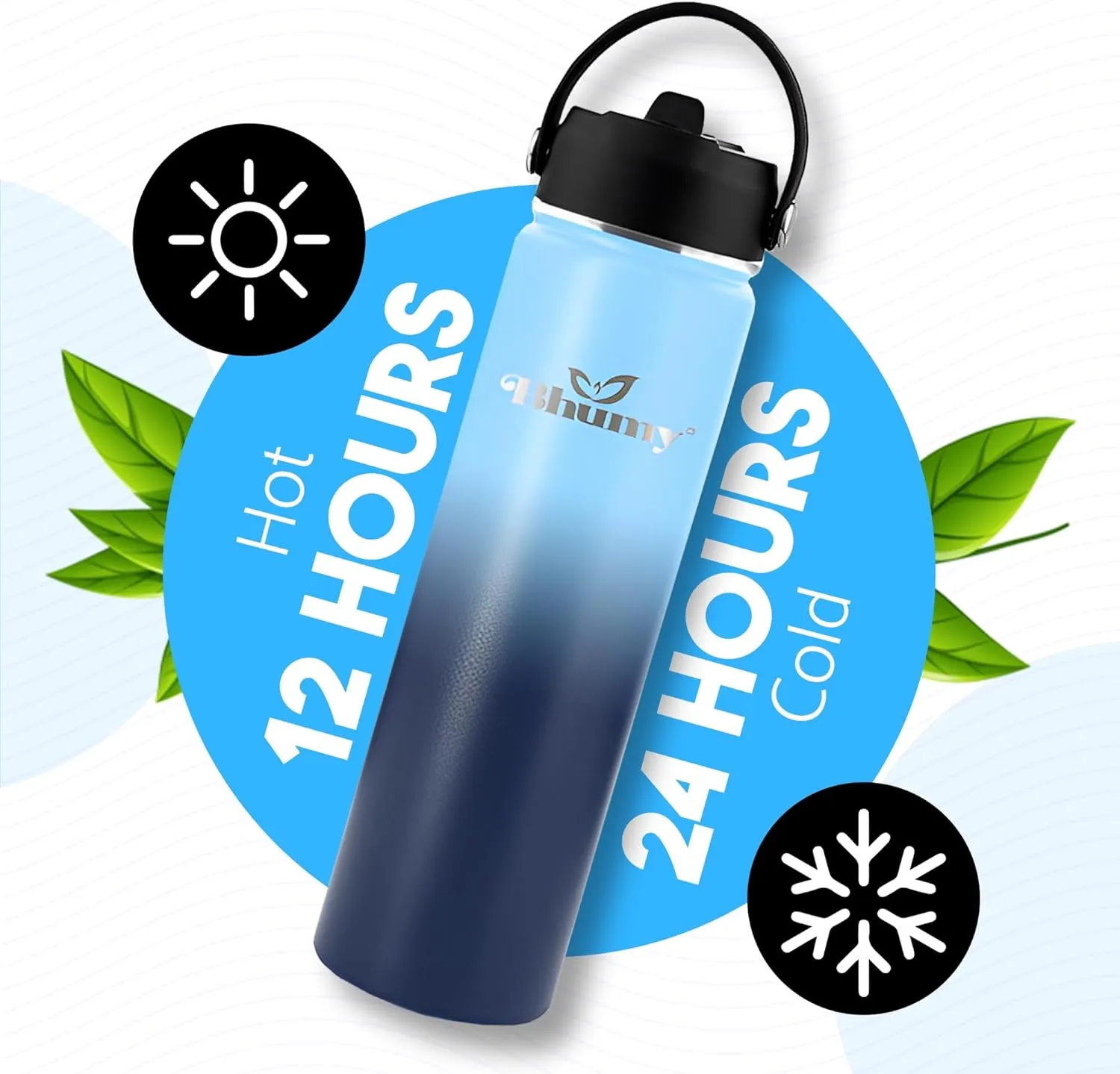 Bhumy Stainless Steel Water Bottles – 22oz Double Wall Stainless Steel Insulated Water Bottle – Water Bottle with Straw and 2 Lids – Leakproof Sports Water Bottle Water for Gym, Office, Travel