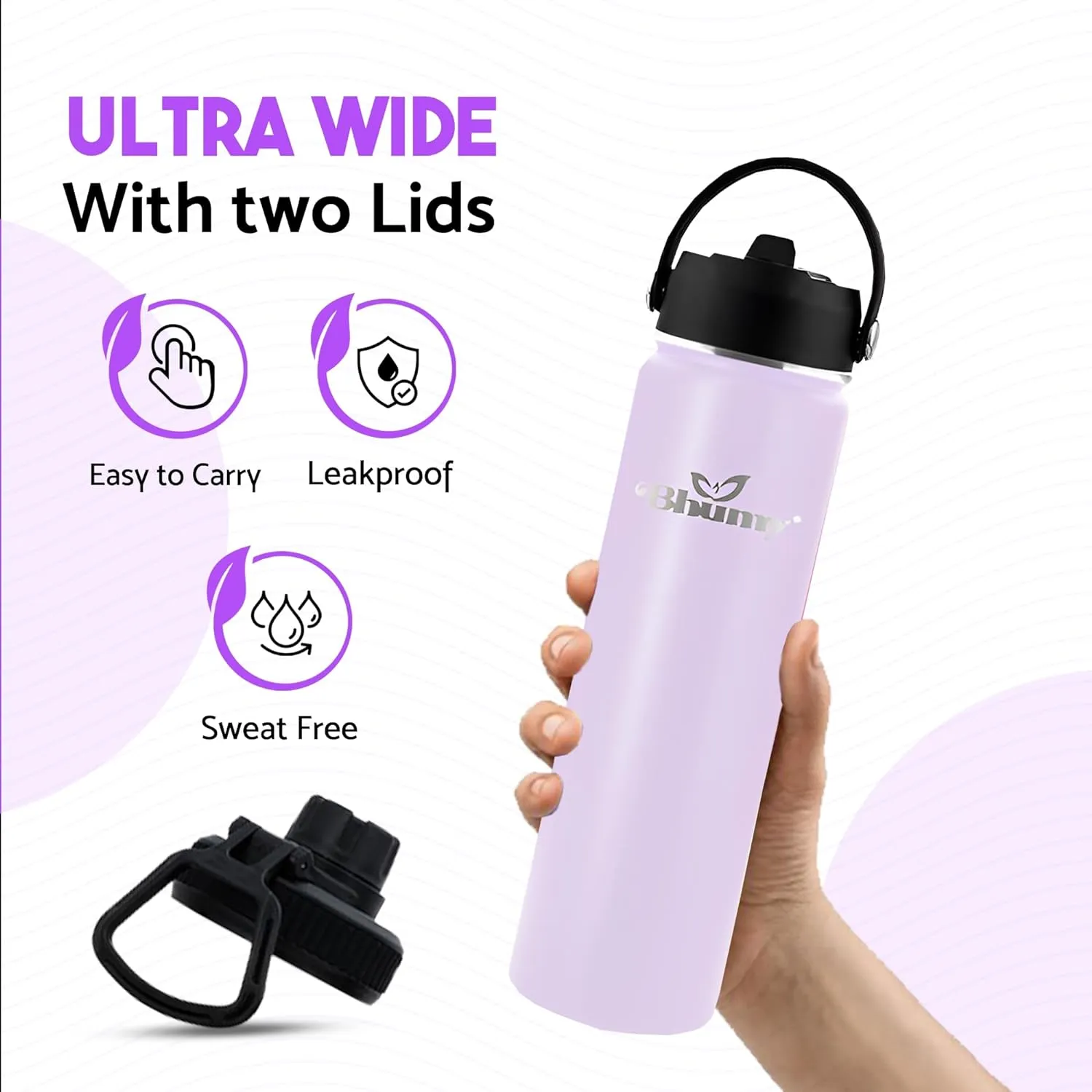 Bhumy Stainless Steel Water Bottles – 22oz Double Wall Stainless Steel Insulated Water Bottle – Water Bottle with Straw and 2 Lids – Leakproof Sports Water Bottle Water for Gym, Office, Travel