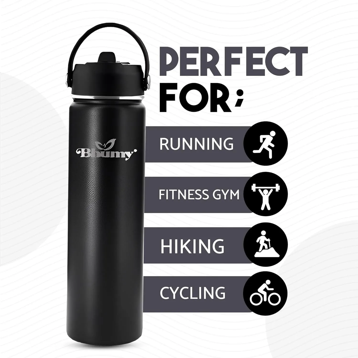 Bhumy Stainless Steel Water Bottles – 22oz Double Wall Stainless Steel Insulated Water Bottle – Water Bottle with Straw and 2 Lids – Leakproof Sports Water Bottle Water for Gym, Office, Travel