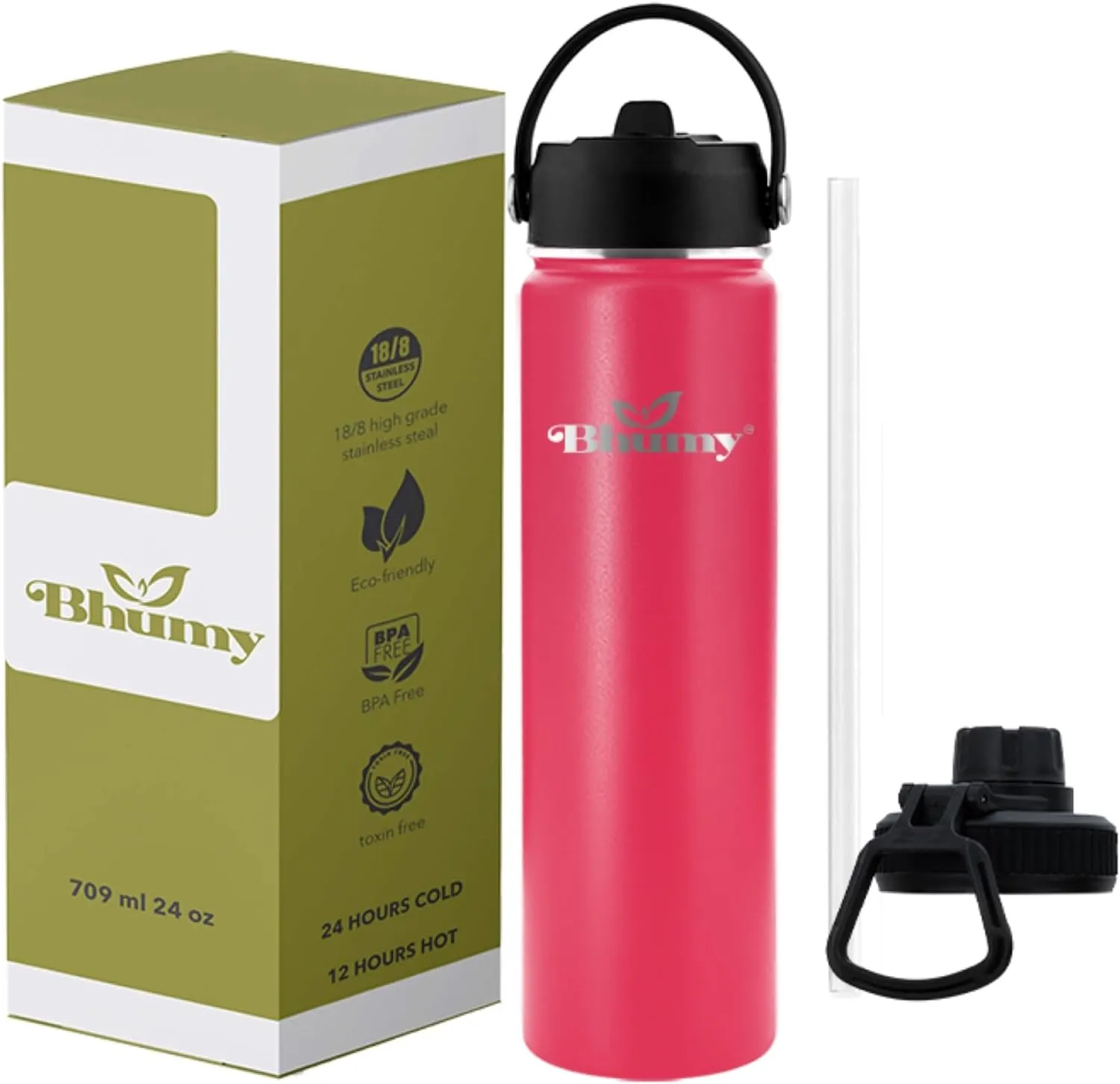 Bhumy Stainless Steel Water Bottles – 22oz Double Wall Stainless Steel Insulated Water Bottle – Water Bottle with Straw and 2 Lids – Leakproof Sports Water Bottle Water for Gym, Office, Travel